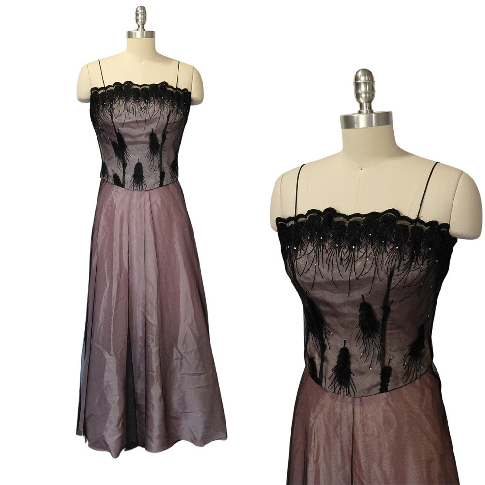 Vintage Y2K Prom Dress Maxi Gown Size 3/4 Black Pink Mesh Corset Top Embroidered